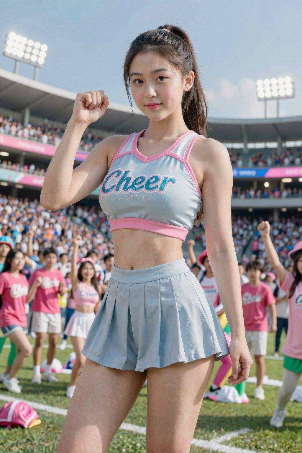 Create an image of a 15-year-old girl posing confidently in a vibrant sports stadium. She has long, dark hair styled in a sleek ponytail, and her makeup is fresh and youthful, featuring a soft pink lip color and subtle eye makeup. She is wearing a fitted cheerleader outfit that consists of a sparkling light blue crop top with the word "Cheer" embellished in glittering letters and a light blue pleated mini skirt.The background showcases a lively sports scene filled with cheering fans dressed in team colors, with a clear blue sky overhead and stadium lights glowing in the background. The atmosphere is energetic and festive, capturing the spirit of a game day. The focus is on the cheerleader, who is striking a playful pose with her fist raised confidently. The overall color palette consists of pinks, whites, and pops of color from the crowd, enhancing the dynamic and cheerful mood of the scene.