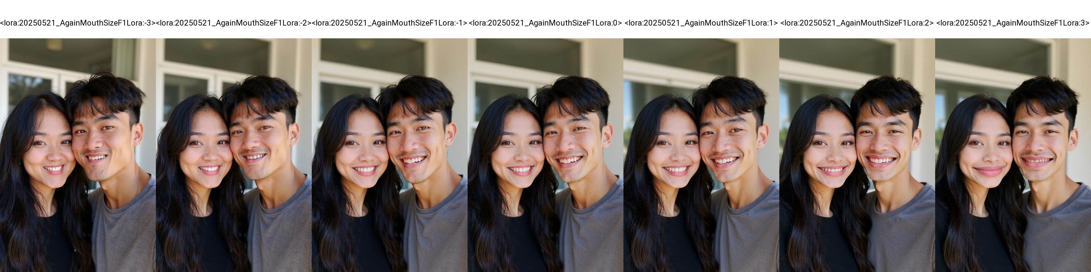 <lora:20250521_AgainMouthSizeF1Lora:-3>,This is a photograph of a young couple posing for a selfie indoors. The woman, with long black hair, wears a black top. The man, with short dark hair, is in a shirt. The background is outdoors.
