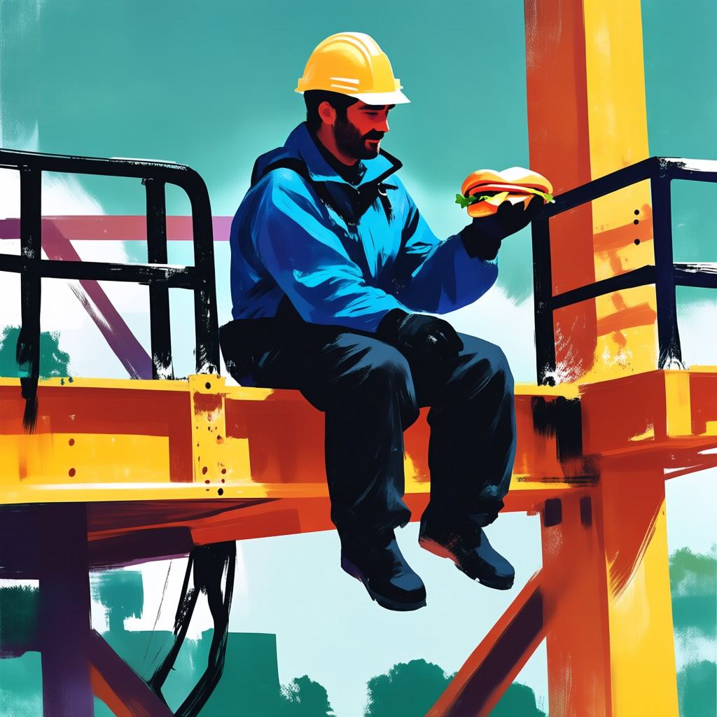 A man in a hardhat sits on a girder beam at a construction site and holds a sandwich,  high above the construction site on...