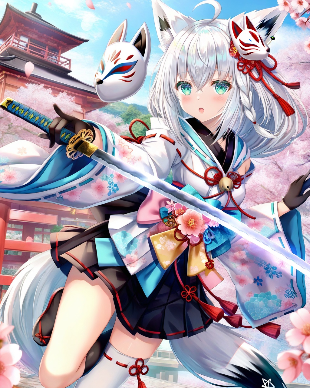 1girl, shirakami fubuki, weapon, animal ears, sword, mask, holding weapon, virtual youtuber, fox ears, solo, thighhighs, gloves, holding, holding sword, fox girl, tail, white hair, long hair, black gloves, ahoge, bangs, looking at viewer, cherry blossoms, fox tail, hair between eyes, green eyes, skirt, katana, fox mask, black skirt, animal ear fluff, braid, japanese clothes, mask on head, petals, flower, sidelocks, kimono, outdoors, floral print, architecture, jewelry, black thighhighs, single braid, wide sleeves, sash, east asian architecture, single thighhigh, white thighhighs, bell, :o, open mouth, obi, pleated skirt, zettai ryouiki, pink flower, ribbon, leg up, ribbon trim, pentagram, blush