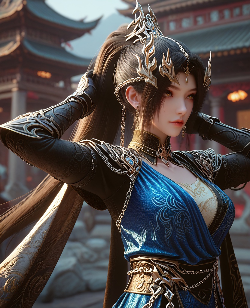 (oriental architecture, elegant decor, sophisticated style:1.1),(back arched, hands on her head,:1.1),Two-shot,(large breasts:1.2),<lora:XL16云深不知梦羲和融合玄凤:0.95>,miss xihe,black wrap coat with blue overdress,shoulder armor,brown eyes,black hair,very long hair,ponytail,hair ornament,jewelry,chain ornament,gauntlets,sash,blue to white ombre base skirt,cape,, score_9,score_8_up,score_7_up,score_6_up,score_5_up,score_4_up,3d rendering,tag1,tag2, Cinematic Lighting,backlighting,