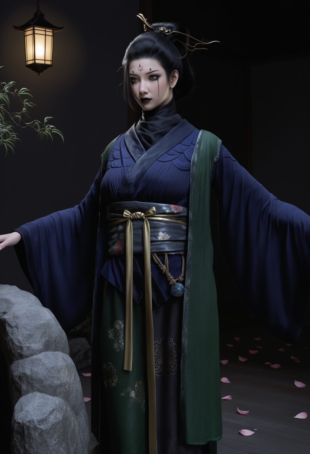 masterpiece,best quality,amazing quality,high resolution,ultra-detailed,absurdres,(looking at viewer:1.1),upper body,(Dark room:1.3),(moody lighting:1.1),peach blossom,falling petals BREAK large breasts,foursister,solo,1girl,black hair,facial mark,forehead mark,hair ornament,hair bun,hair stick,chinese clothes,sash,belt,toeless legwear,black_eyeshadow,black lips,Willow-shaped eyebrows,glamor,puffy breasts,pointy_breasts BREAK photorealistic details,<lora:QQSillfoursisterV1:0.9>,