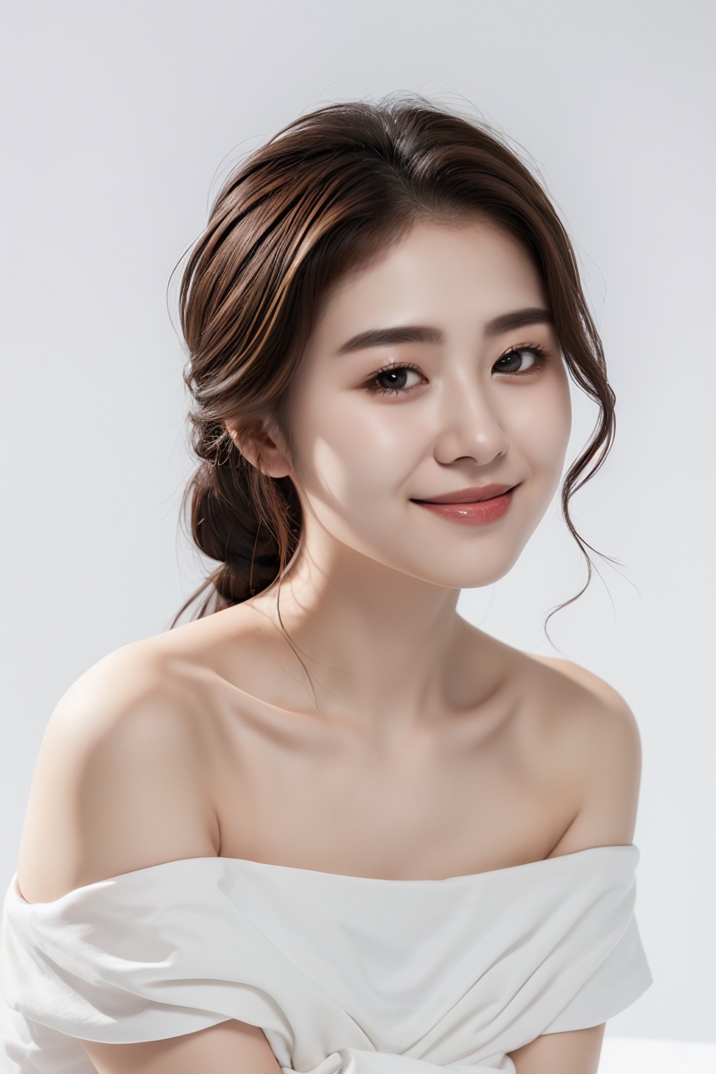 1girl, solo, incline to one side, Disk hair, Braid hair, brown hair, hair ornament,smile, White skirt, Portrait, bare shoulders, realistic,white background,  <lora:yiling_护肤美妆摄影:0.65>