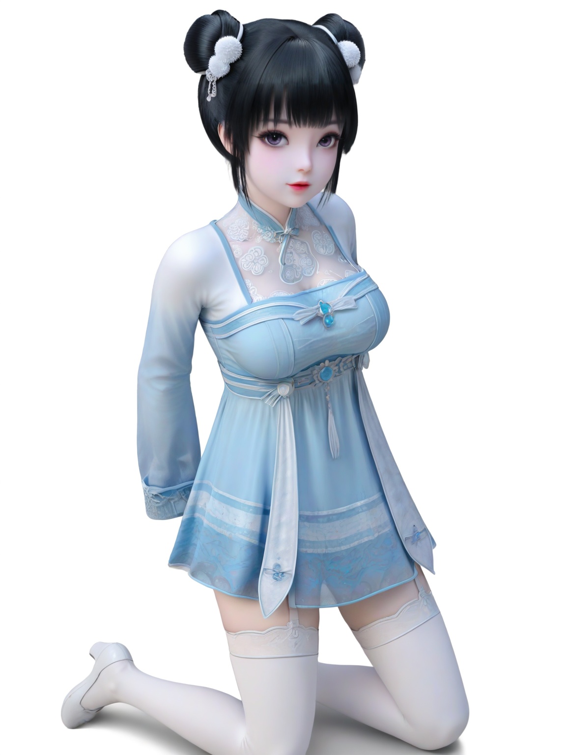 score_9,1girl,solo, hair ornament,dress,hair bun,double bun,breasts,large breasts,dress,lipstick,eyelashes,bangs,long sleeves, black hair,looking at viewer,white background,simple background,full body,white boot,white thighhighs,<lora:SF_RuoXi_Pony_Realism2.3-000004:0.72>,