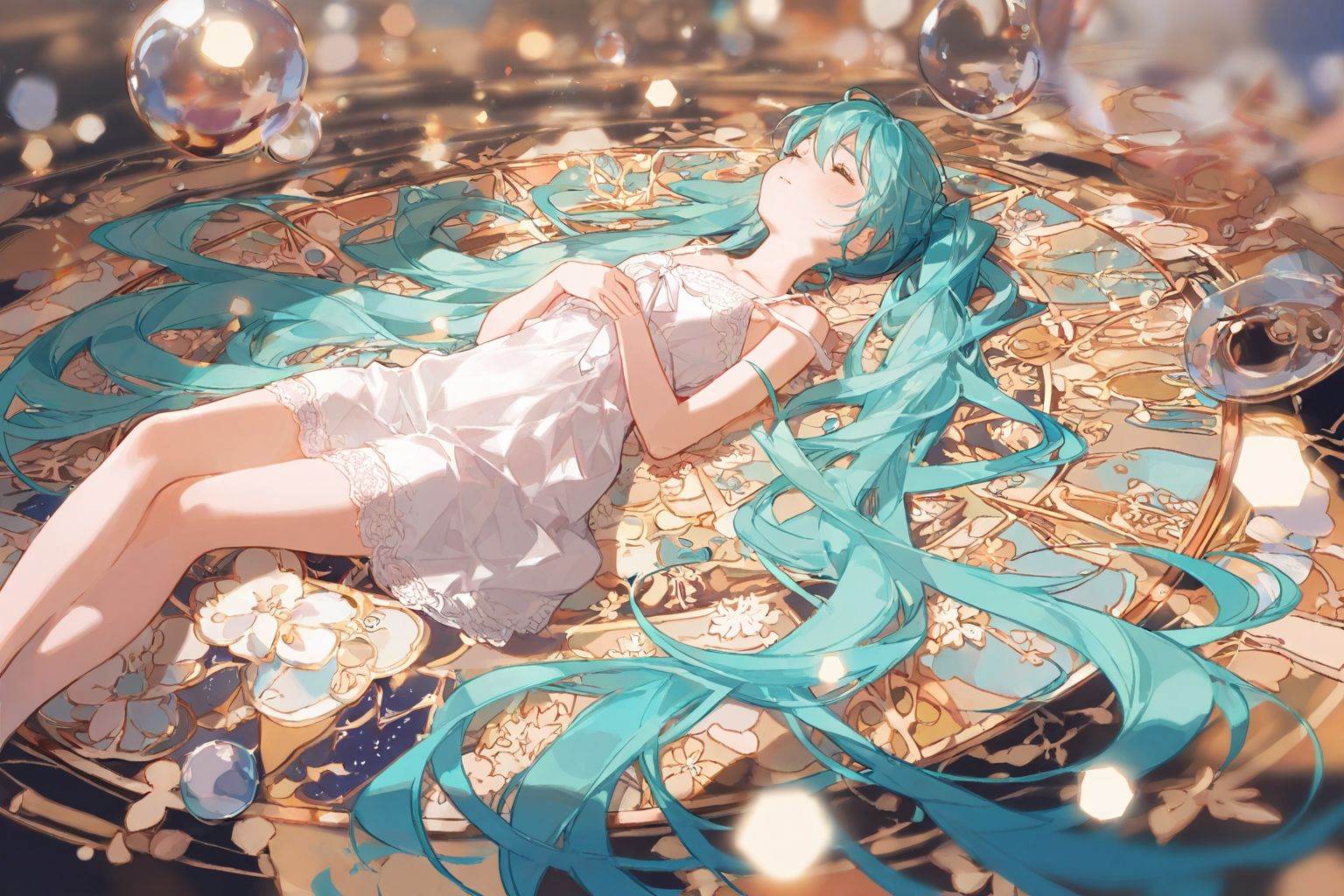 highres,extremely detailed 8k wallpaper,illustration,depth of field,great quality,masterpiece,best quality,amazing quality,very aesthetic,absurdres,Japanese fantasy style,artist:ciloranko BREAK<lora:Japanese fantasy style:0.8>, -1girl, solo, hatsune miku, long hair, twintails, aqua hair, dress, very long hair, white dress, closed eyes