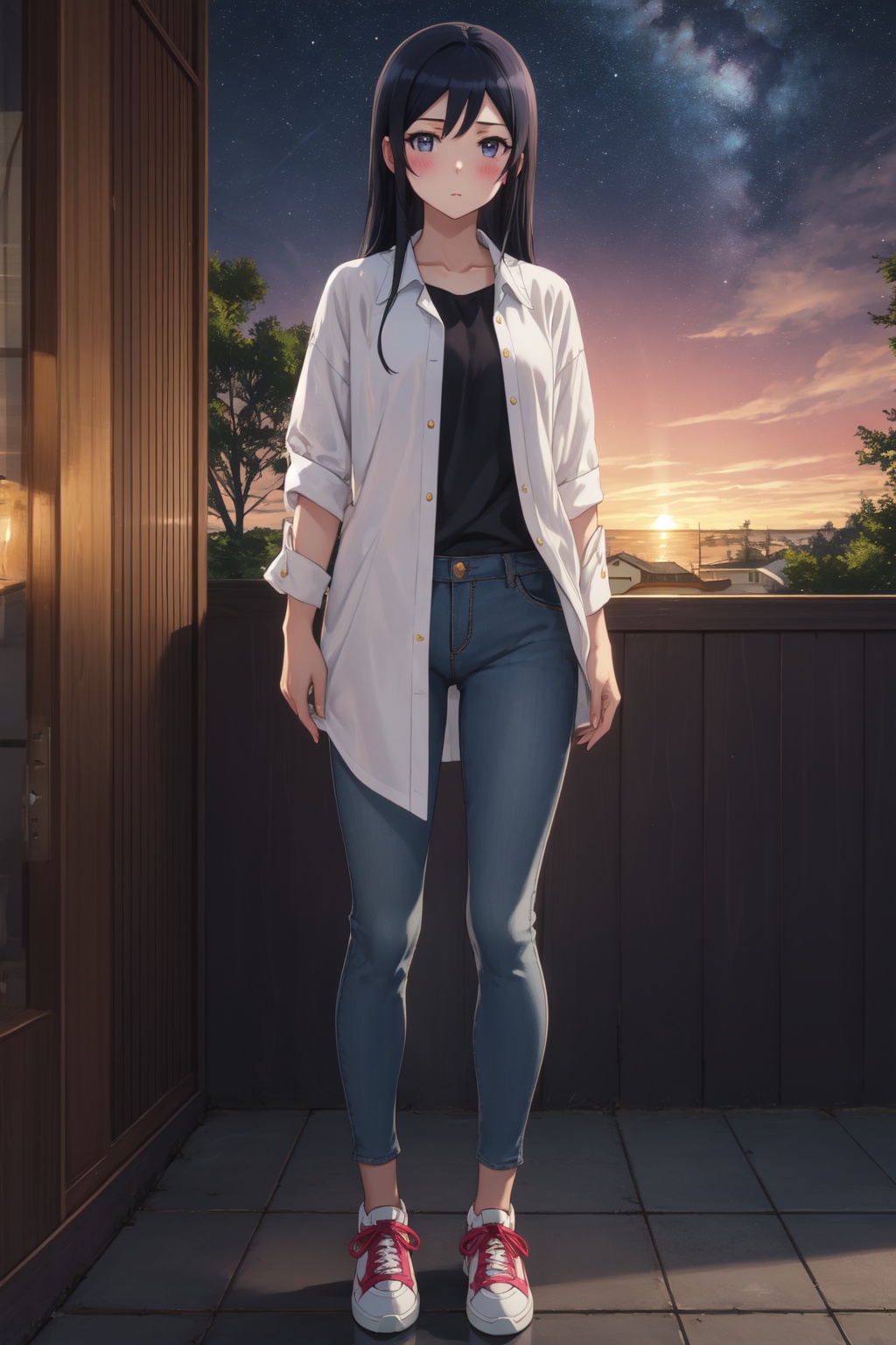 <lora:Ayase-000015:0.8>,Ayase cyql,1girl,looking at viewer,solo,long hair,black hair,blue eyes,blush,Straight leg jeans, oversized button-down shirt, and sneakers.,smile,upper_body,beautiful face,beautiful eyes,glossy skin,shiny skin,Coral, Fish, Seaweed, Sunlight, Clear water, Diverse marine life, Colorful, Serenity,(Cherry blossoms, Canal, Wooden bridges, Traditional architecture, Hanami season, Japanese tradition:0.5),beautiful detailed sky,beautiful detailed glow,posing in front of a colorful and dynamic background,masterpiece,best quality,beautiful and aesthetic,contrapposto,female focus,wallpaper,fashion,