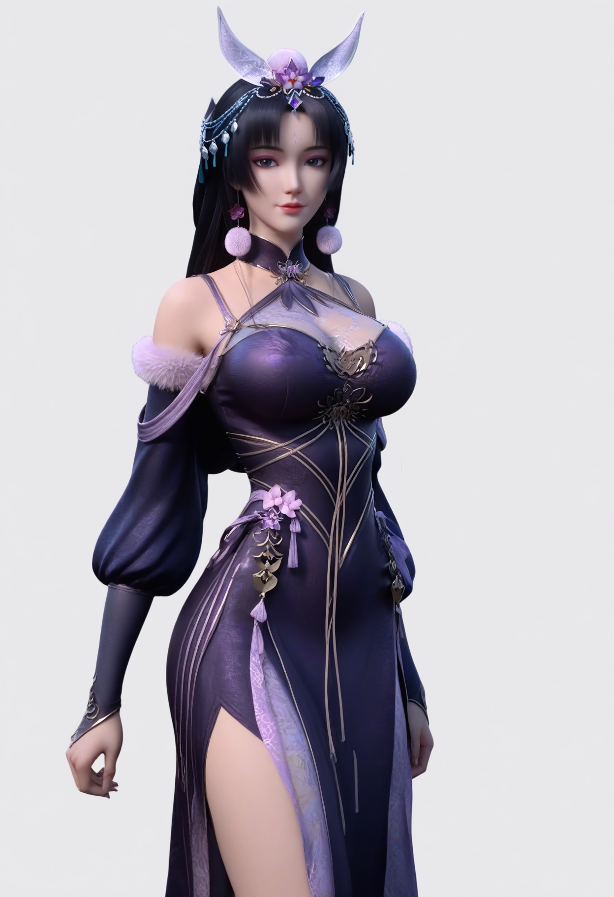 score_9,<lora:SF_MuYuMo_Pony_Realism2.3-000004:0.7>,1girl,solo,hair ornament,long hair,large breasts,black hair,dress,looking at viewer,white background,simple background,