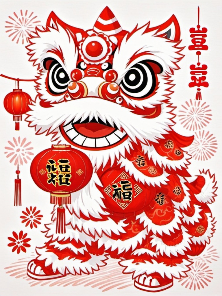 wushi,A vibrant digital drawing of a classic Chinese lion dance costume in red and white. The lion's got big,expressive eyes and a joyful grin,clutching a red lantern. The fabric is all fancy with intricate patterns,and it's set against a plain white backdrop with some red Chinese characters.,,<lora:jianzhishe_v1:0.8>