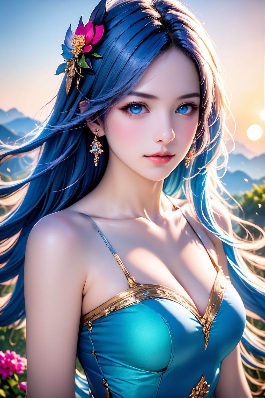 <lora:20250818_AgainAnimeGirlLora9:1>, 1girl, solo, jewelry, petals, earrings, hair ornament, long hair, looking at viewer, falling petals, blurry background, outdoors, upper body, blue hair, closed mouth, blurry, mountain, sky, portrait, dress, clothing cutout, realistic, blue eyes, sun, blue sky, flower, cleavage cutout, collarbone, grey eyes