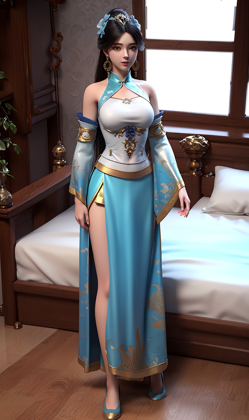 masterpiece,(best quality),3d,official art, extremely detailed cg 8k wallpaper,((crystalstexture skin)), (extremely delicate and beautiful),highly detailed,1girl,solo,long hair,headwear,(standing),(black_hair),((china_dress,skirt,dress)),, (chinese_clothes),(detached_sleeves),(sleeveless),(wide_sleeves), (thigh),(long_dress),(long_skirt),(blue_shoes),(shoes),((full_body,whole_body)),(closed_mouth), (medium breasts),((hair_ornament)),(sunshine, indoor,(bed)),((looking_at_viewer)),((Facing the camera)), <lora:hipoly3DModelLora_v10:0.3>