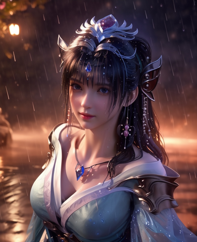 <lora:568-DA-星辰变-姜妍:0.8>(,1girl, ,best quality, ),looking at viewer, ,ultra detailed 8k cg, ultra detailed background,  ultra realistic 8k cg,          cinematic lighting, cinematic bloom, (( , )),,  , unreal, science fiction,  luxury, jewelry, diamond, pearl, gem, sapphire, ruby, emerald, intricate detail, delicate pattern, charming, alluring, seductive, erotic, enchanting, hair ornament, necklace, earrings, bracelet, armlet,halo,masterpiece, (( , )),,  ,cherry blossoms,(((, night,night sky,,  ultra high res, (photorealistic:1.4), raw photo, 1girl, , rain, sweat, ,wet, )))(( , ))   (cleavage), (),