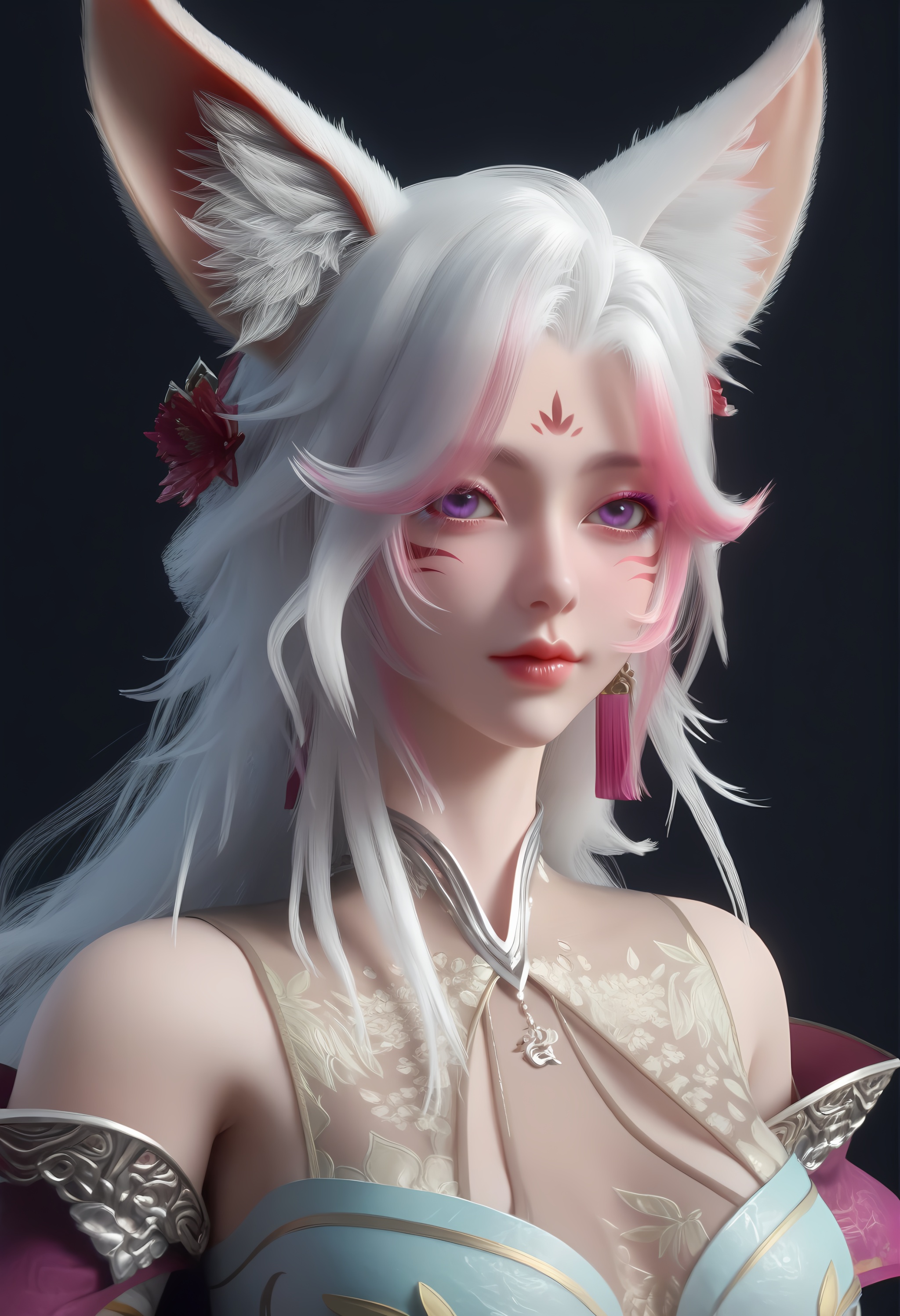 (score_9),<lora:Sfox-apony-000009:0.83>,sfox,1girl,solo,purple eyes,fox ears,streaked hair,animal ear fluff,long hair,white hair,facial mark,forehead mark,hair flower,jewelry,see-through cleavage,dress,<lora:Expressive_H-000001:0.8>,light blush,front view,looking at viewer,upper body,mature female,collarbone,pointy breasts,puffy breasts,cleavage,see-through cleavage,<lora:e肤色滑块:0.35>,fair_skin,(pale_skin),(white_skin),light skin,ultra-detailed skin texture,detailed textures,BREAKsimple background,black background,