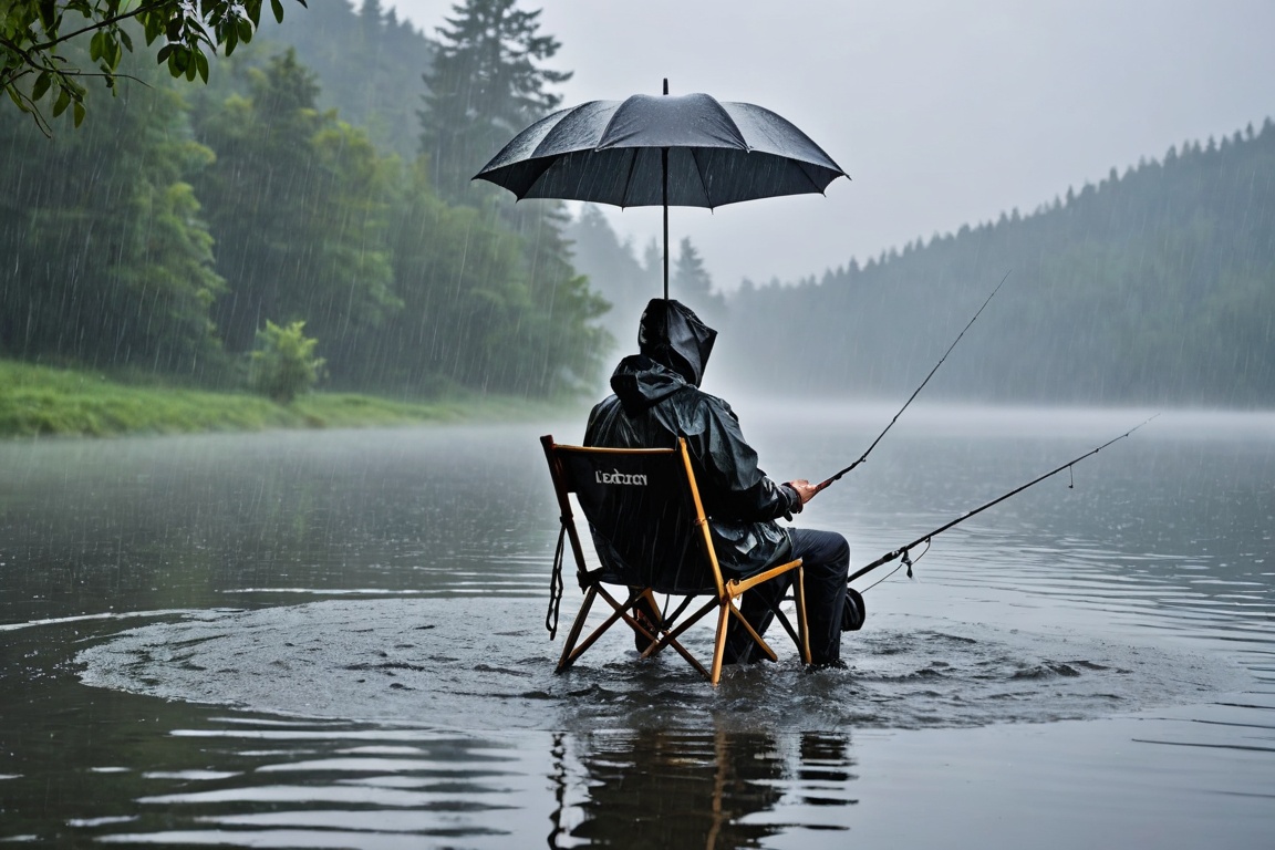 1 man. Before the darkness has yet cleared,  rain is falling on the foggy lake,  and an angler wearing a black raincoat is...