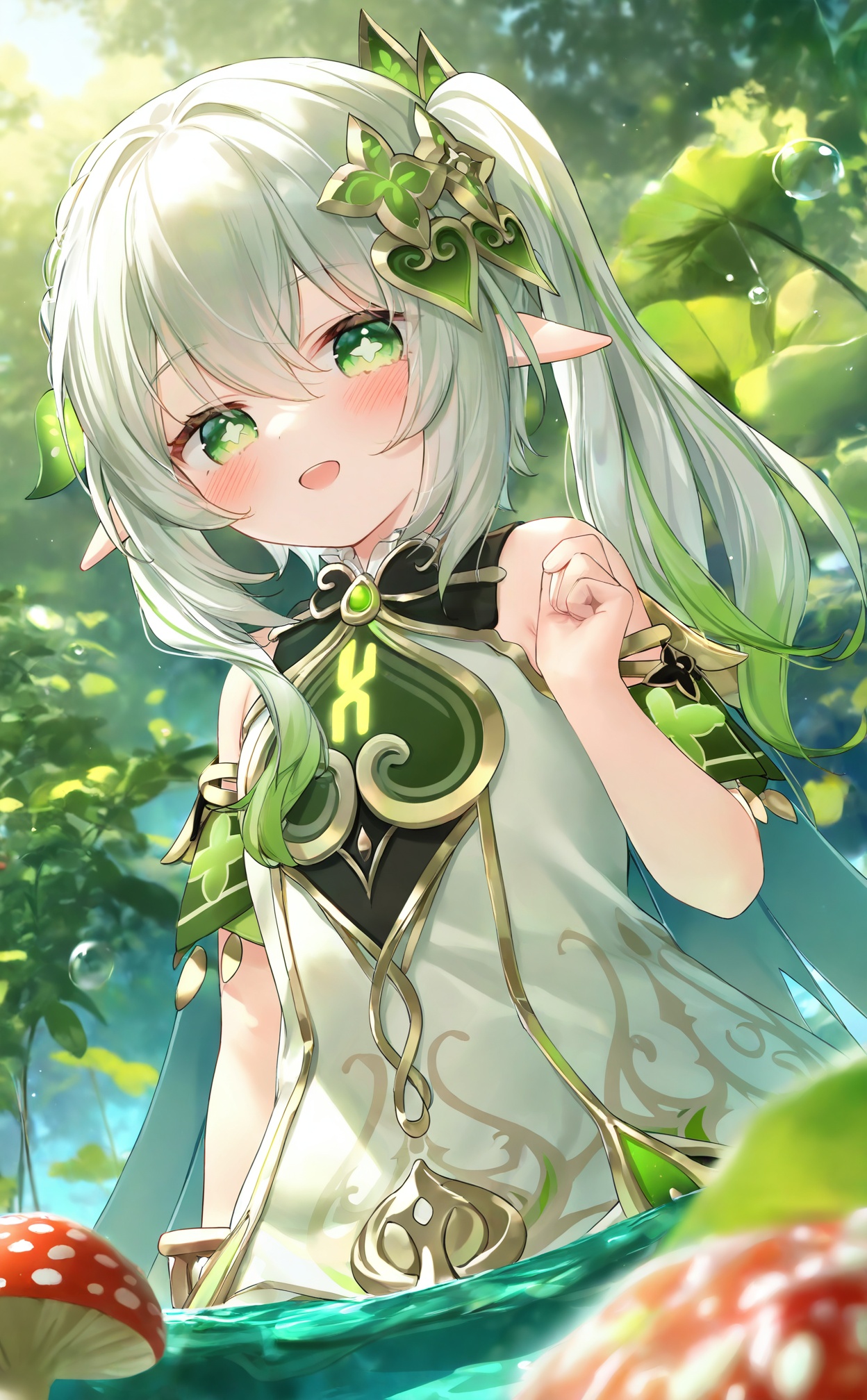masterpiece,highres,absurdres,newest,best quality,high quality,loli,petite,chromatic_aberration,//,1girl, nahida_\(genshin_impact\), green_eyes, solo, pointy_ears, hair_ornament, side_ponytail, water_drop, blush, smile, white_hair, symbol-shaped_pupils, cross-shaped_pupils, long_hair, open_mouth, detached_sleeves, dress, looking_at_viewer, leaf_hair_ornament, hair_between_eyes, nature, outdoors, sidelocks, gradient_hair, white_dress, leaf, multicolored_hair, braid, bare_shoulders, plant, :d, sleeveless, upper_body, green_hair, mushroom, sleeveless_dress, hand_up, forest, water, day, dutch_angle, green_gemstone//,//,official art,depth of field,detailed light,blurry background,best shadow,shiny skin,cinematic lighting,ray tracing,amazing quality,very aesthetic,absurdres,beast quality,ultra detailed,newest,8K,HDR//,<lora:guizhencao1114——【noob】hans:1>,