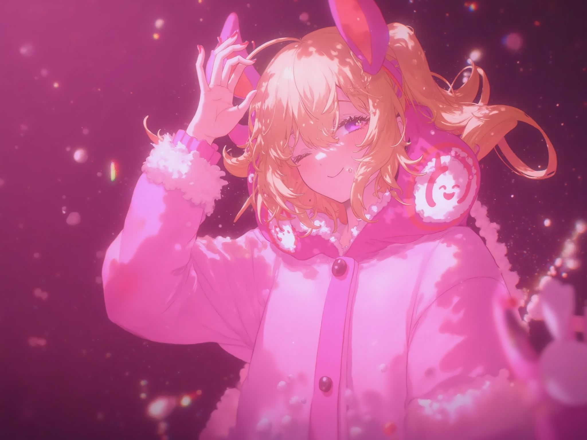 1girl,    fake animal ears, dress, animal ears, solo, ponytail, smile, fur collar, rabbit ears, fur-trimmed sleeves, upper body, hoodie, pink theme, animal ear hood, hood, long sleeves, hand up, open mouth, red eyes, ;d, blonde hair, fur trim, one eye closed, pom pom \(clothes\) <lora:Yajiang-000109:1>