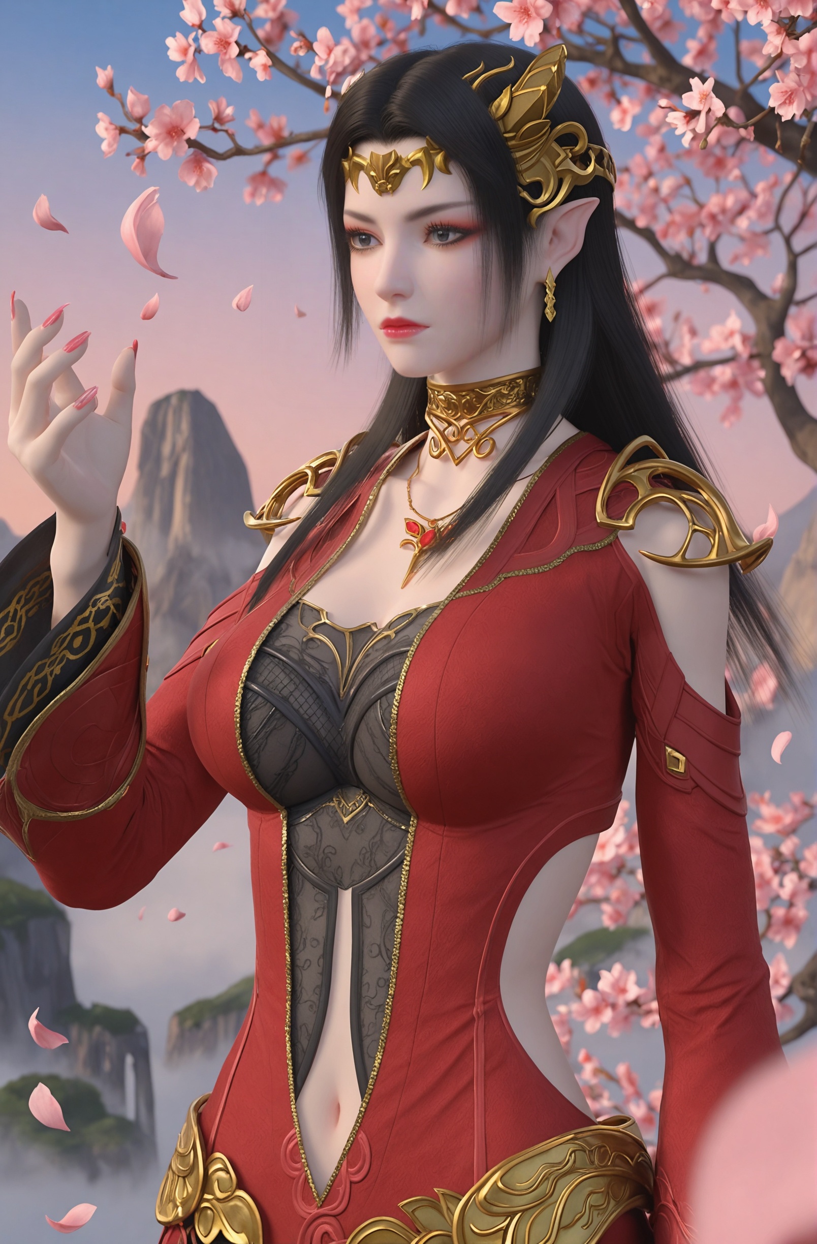 (upper_body:1.1),fantasy,dreamlike,Pastel Colors,hyper realistic,southeast asia,aestheticism,beautiful detailed sky,chinese mythology,wonderland,peach blossom,falling petals,smog,yunxia,dynamic pose,<lora:YQ_li光辉v5_meidusha_V7:0.8>,q1528437228,solo,1girl,long_hair,black_hair,jewelry,pointy_ears,earrings,necklace,hair_ornament,dress,red_dress,navel,brown_hair,choker,realistic,cleavage,tiara,long_sleeves,clothing_cutout,armor,grey_eyes,black_eyes,skirt,shoulder_armor,eyeshadow,(fair_skin,white_skin,shiny_skin,pale skin,Ivory_skin:0.9),massive breasts,
