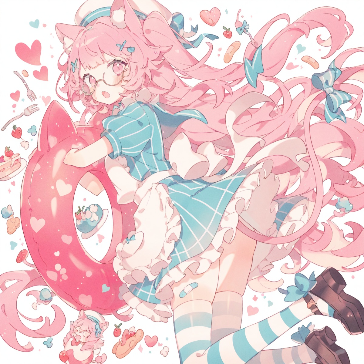 masterpiece, best quality,<lora:ShangCanglin01-000004:0.8>,  jenlen01,1girl, animal ears, apron, bandaid, bow,  fork, glasses, hat, heart, innertube, jenlen01, long hair, looking at viewer, open mouth, pink eyes, sailor hat, solo, striped dress, striped thighhighs,  tail bow, thighhighs, two side up, very long hair, virtual youtuber,  <lora:nyalia4——【noob】hans:0.7> <lora:konya_karasue——【noob】hans:0.6>