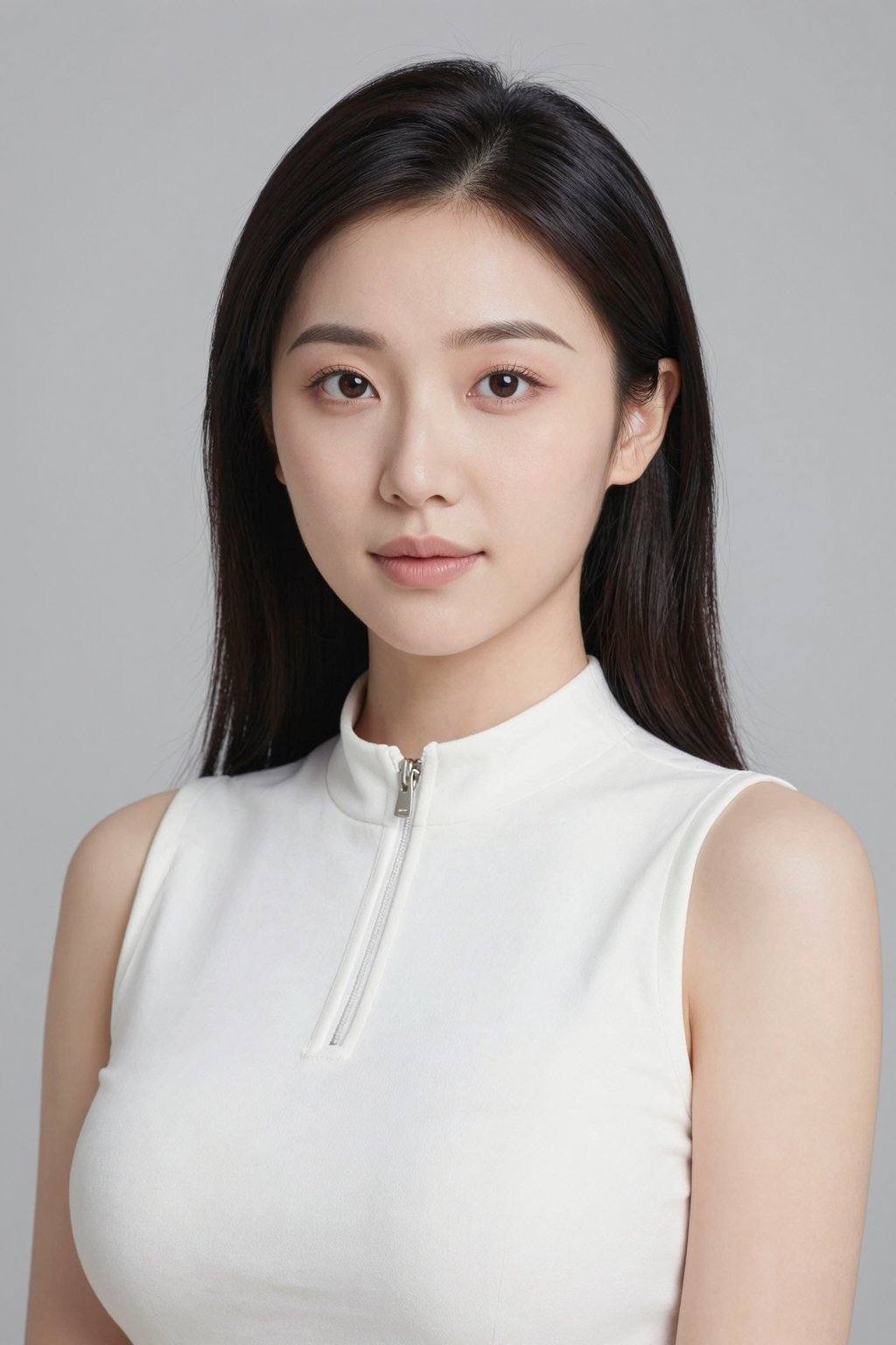 This is a photograph of an East Asian woman with fair skin, straight black hair, and a slender physique. She has a round face, almond-shaped brown eyes, and full lips. She wears a sleeveless white top with a high collar and a zipper detail. Her makeup is subtle, with a natural look. The background is a plain, light grey. The overall image has a soft, professional quality, focusing on her serene expression and elegant appearance.<lora:20260107_TinZ-ImageYoungGirlLora6:0>