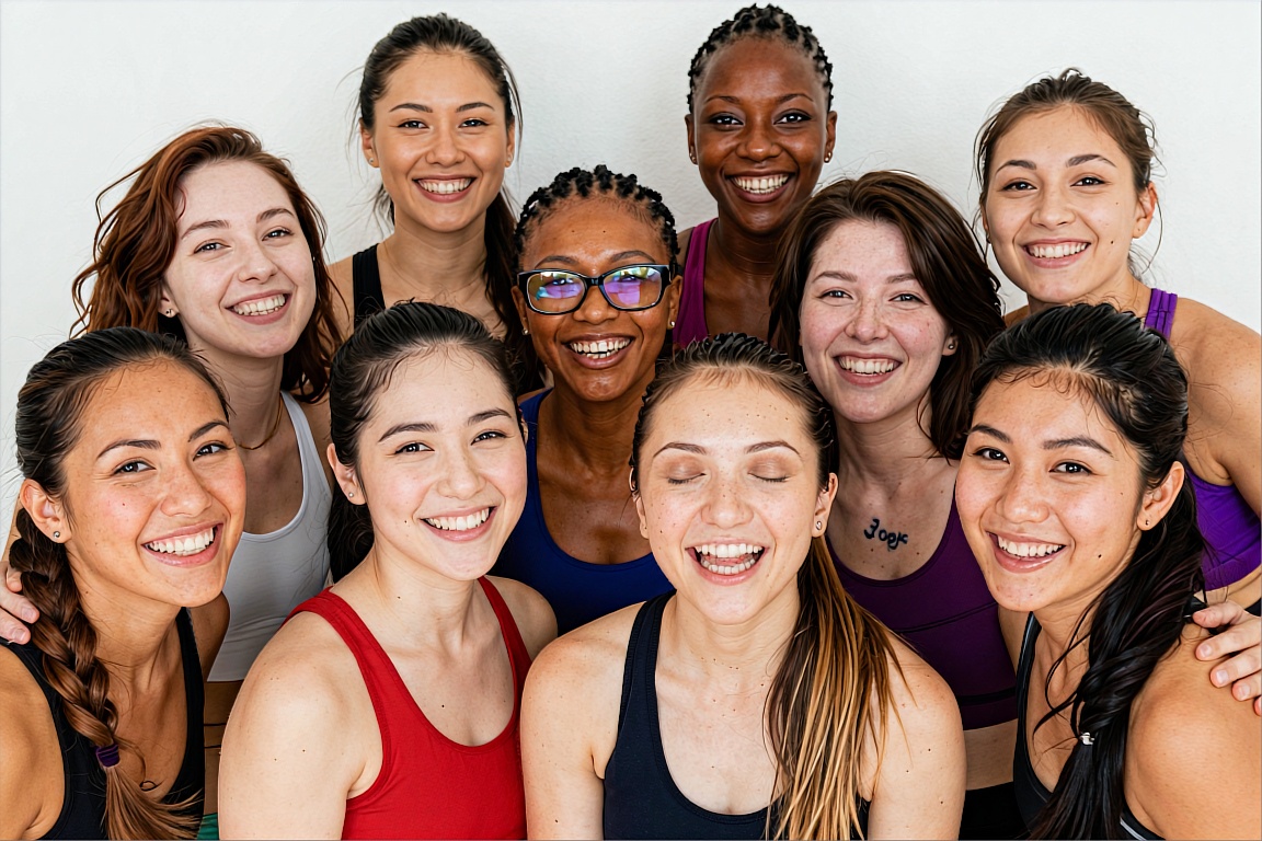 The image portrays a group of seven women gathered closely together in a cheerful and energetic pose. The lighting is brig...