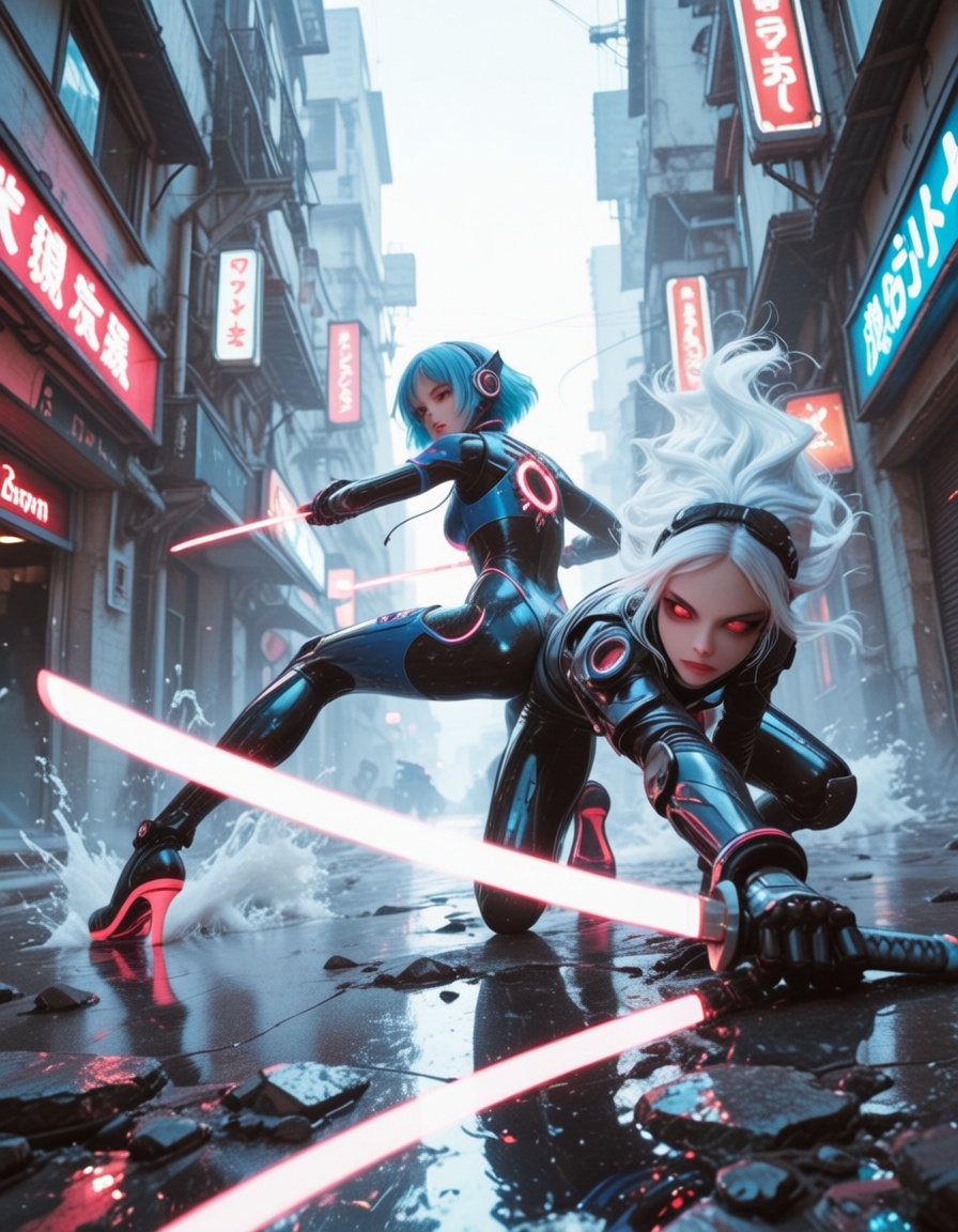A masterpiece wide-angle action shot featuring Lumina (a beautiful woman with long vibrant blue hair and glowing blue eyes...
