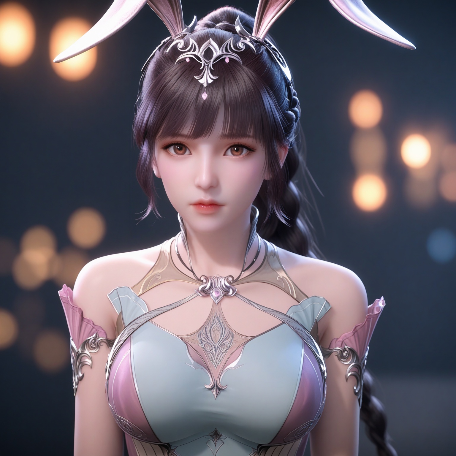 (upper_body:1.1),(huge breasts:0.9),34.<lora:YQponyxiaowuV8:0.8>,(q1528437228:1.5),1girl,solo,dress,long hair,rabbit ears,animal ears,ponytail,brown hair,hair ornament,pink dress,black hair,jewelry,bare shoulders,metal collar,necklace,braid,collar,high heels,brown eyes,,blush,(looking_at_viewer:1.1),BREAKintricate details,shiny_skin,solo focus,(blurry background:1.1),(depth of field:1.1),perfect_anatomy,(cinematic lighting:0.9),(volumetric lighting:0.9),(simple background,pure black background,black background:1.1),