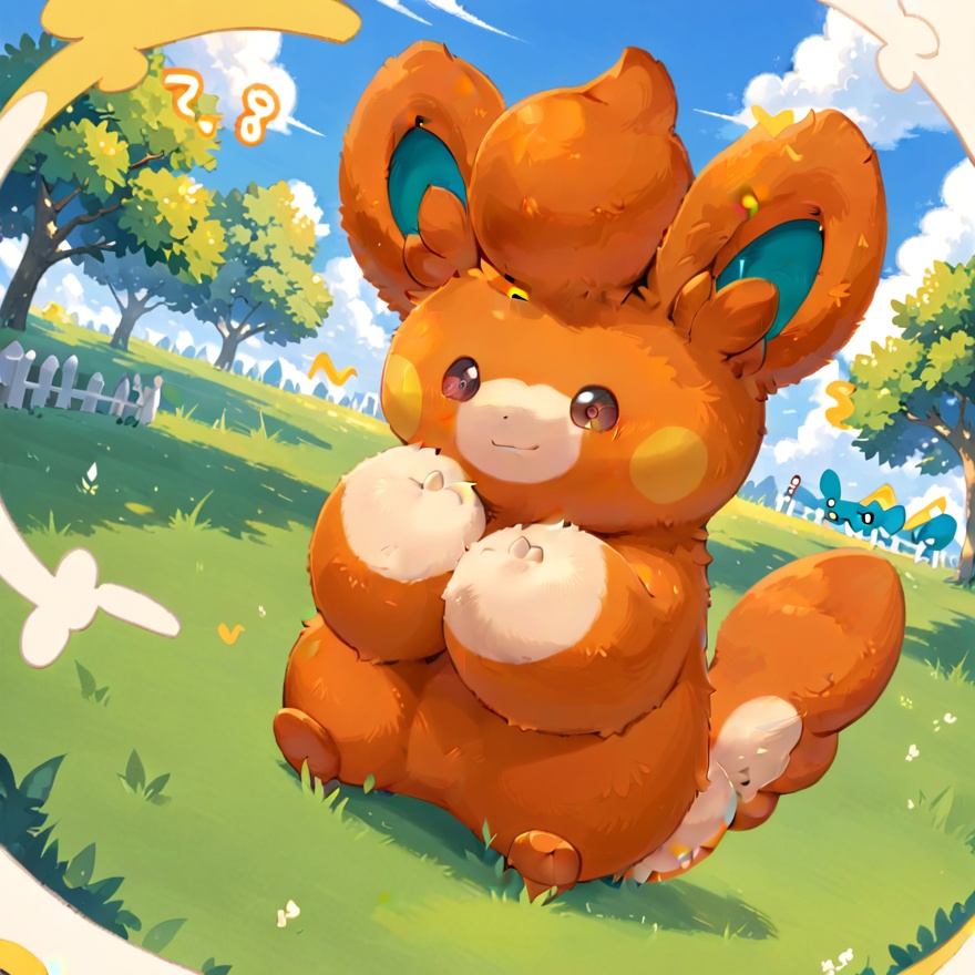 Masterpiece,high quality,full body,pokemon \(creature)\,solo,no humans,pawmi,no humans,pokemon \(creature\),solo,outdoors,day,sky,brown eyes,score_9,score_8 up,orange fur,<lora:pawmi proXL:1>,hug,