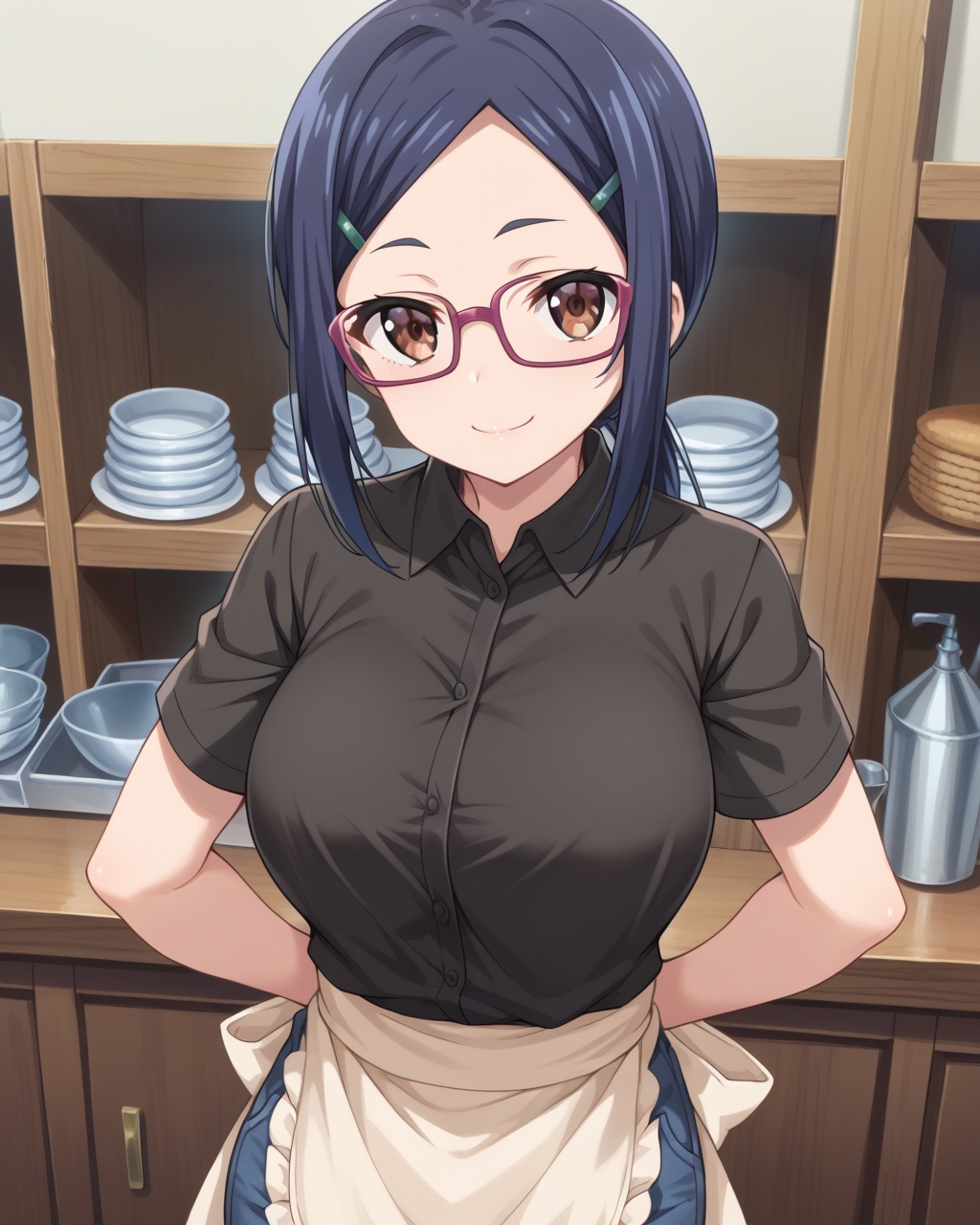 score_9, score_8_up, score_7_up, score_6_up, score_5_up, score_4_up, source_anime, zPDXL,amiasai, <lora:ami-asai-s2-ponyxl-lora-nochekaiser:0.8>, 1girl, large breast, smile, ami asai, long hair, hair ornament, brown eyes, blue hair, glasses, hairclip, ponytail,shirt, black shirt, collared shirt, short sleeves, apron, pants, denim,indoors, looking at viewer, standing, dutch angle,