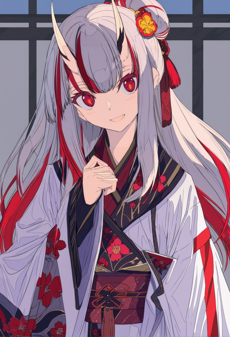 masterpiece, best quality,1girl, solo, nakiri ayame, horns, japanese clothes, virtual youtuber, kimono, looking at viewer, long hair, red eyes, oni horns, multicolored hair, red hair, streaked hair, upper body, floral print, grey hair, open mouth, bangs, white kimono, oni, hair bun, hair ornament, blush, sleeves past wrists, sash, long sleeves, white hair, ribbon, smile, tassel , <lora:焦茶XLlokr8f-000188:0.95>