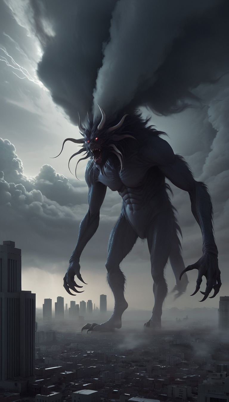 <lora:xl-shanbailing-1215白棱monster-000002:0.9>,monster,outdoors,darkness,city,mitsu_masaya,huge,a huge monster passes through the clouds,