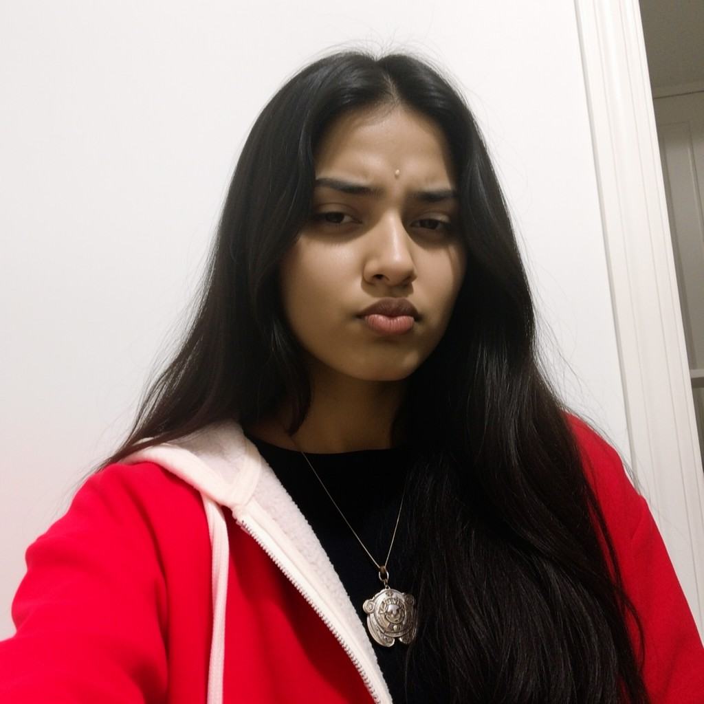 Captured at eye-level,  a medium-sized Indian_woman with long dark hair,  wearing a red and white hooded sweatshirt with a...