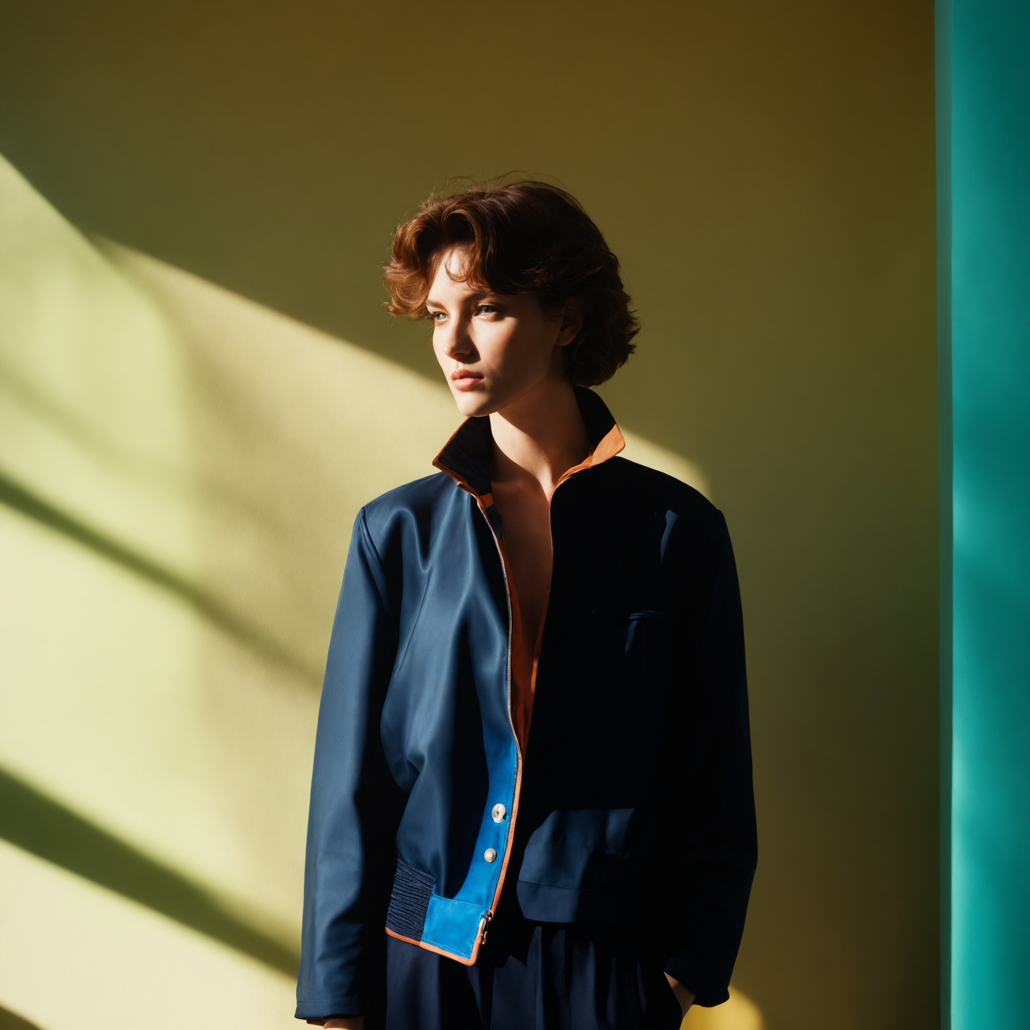 A fashion-forward portrait captured with a Leica M11 Rangefinder,  shot in a single 10-second take,  featuring a model wit...