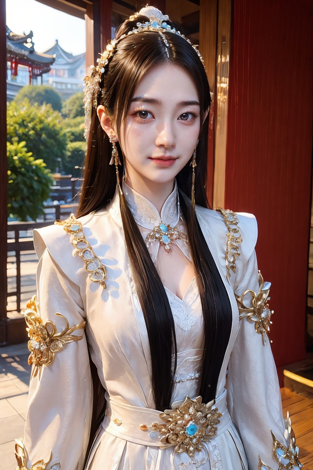 CAFC,1girl,solo,long hair,white clothes,earrings,jewelry,hair accessories,upper body,suburban scenery,east asian,chinese style architecture,