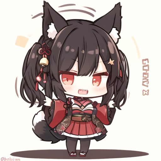 <lora:bichi style:1>,bichi style,chibi,1girl, animal ears, tail, hair bell, solo, bell, fox ears, fox tail, skirt, pantyhose, smile, twintails, fox girl, hair ornament, :d, red skirt, red eyes, multiple tails, japanese clothes, pleated skirt, wide sleeves, bangs, jingle bell, open mouth, long sleeves, black pantyhose, brown hair, kimono, looking at viewer, black kimono, breasts, bow, teeth, full body, cleavage, red bow, outstretched arms, star \(symbol\), detached collar, kitsune, hair bow, akagi \(azur lane\), sidelocks, blush, standing, kyuubi, short twintails, black hair, upper teeth only, hairclip, animal ear fluff, long hair, hair ribbon, character name, twitter username, sakuramon
