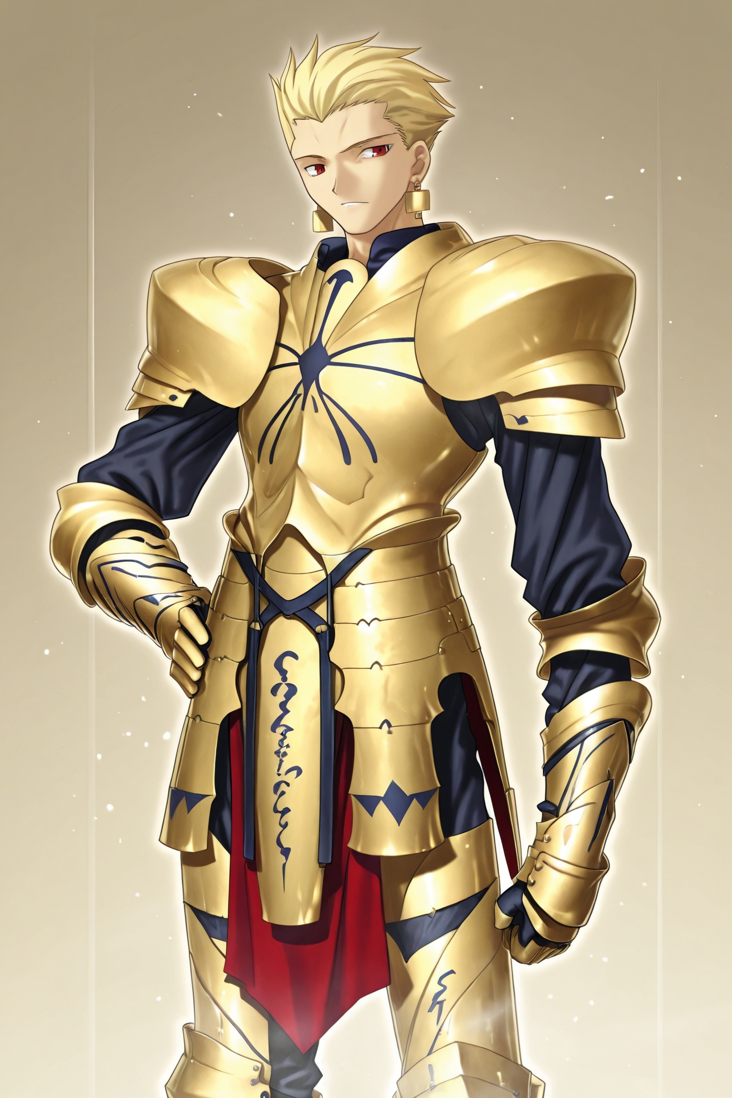 Fate stay night Style,gilgamesh \(fate\),1boy,red eyes,male focus,blonde hair,armor,solo,short hair,earrings,jewelry,hair slicked back,gold armor,gauntlets,hand on own hip,standing,<lora:Fate stay night_illustriousXL:1>,