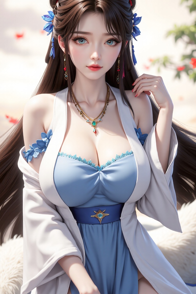 lrhie,High quality,masterpiece,rich details,Blue oriental dragon,white dragon hair,real fur,xiaoyan,1girl,solo,long hair,breasts,looking at viewer,blue eyes,black hair,hair ornament,long sleeves,dress,cleavage,jewelry,medium breasts,tail,flower,earrings,horns,hair bun,blue dress,chinese clothes,single hair bun,<lora:models/4704/6ee8d93f.safetensors:0.8:0.8>