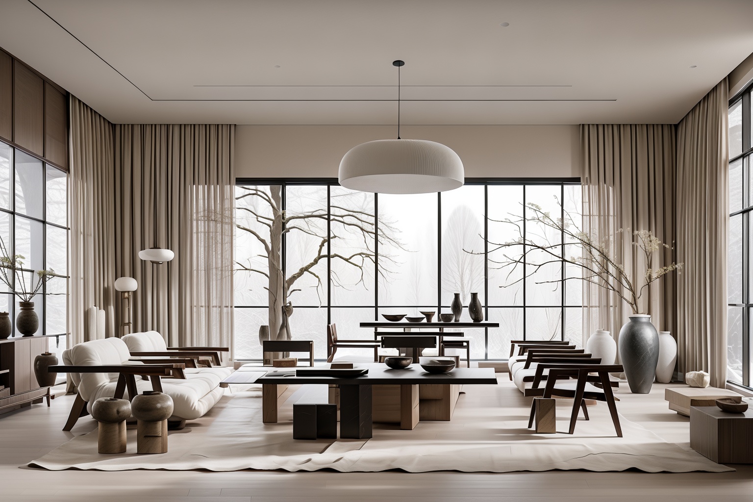 Lao Chen Jingdian, bed, scenery, no humans, tree, window, table, book,interior design, living room, masterpiece,best quality,unreal engine 5 rendering,movie light,movie lens,movie special effects,detailed details,HDR,UHD,8K,CG wallpaper
