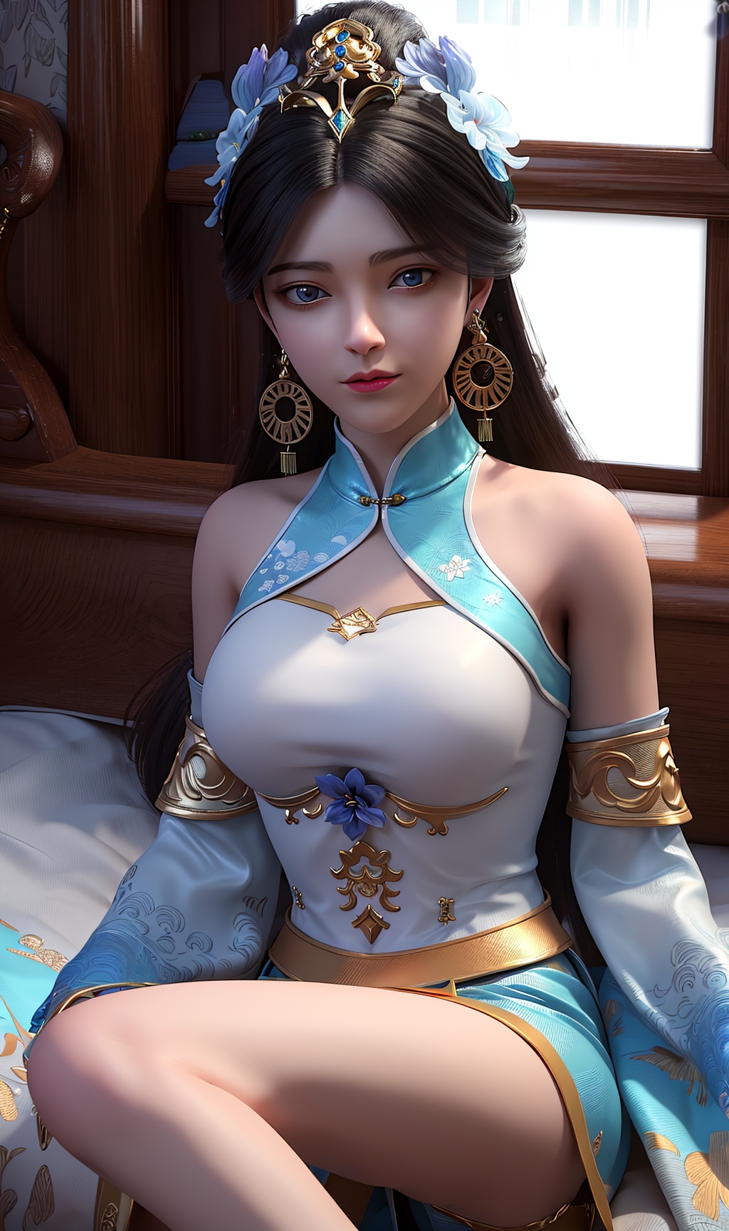 masterpiece,(best quality),3d,official art, extremely detailed cg 8k wallpaper,((crystalstexture skin)), (extremely delicate and beautiful),highly detailed,1girl,solo,long hair,headwear,(sitting,sit_down),(black_hair),((china_dress,skirt,dress)),, (chinese_clothes),(detached_sleeves),(sleeveless),(wide_sleeves), (thigh),((upper body)),(closed_mouth), (medium breasts),((hair_ornament)),(sunshine, indoor,(bed)),((looking_at_viewer)),((Facing the camera)), <lora:hipoly3DModelLora_v10:0.3>