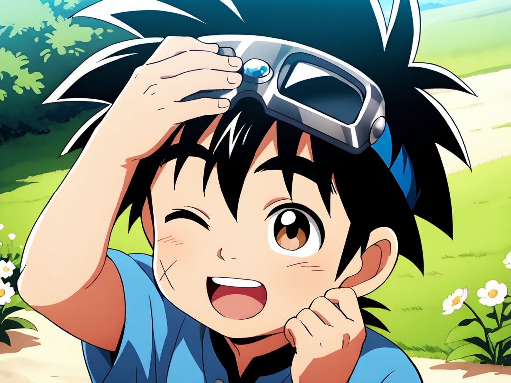 (<lora:DQ_Dai_XL:1>:1.2),Dai,blue costume,best quality,best detail,masterpiece,male focus,outdoors,in spring,flowers,plain,morning,sunny spot,solo,1boy,(toddler:1.1),male_child,black hair,thick eyebrows,brown eyes,(right cheek x scratch:1.1),;d,scratch is black color,own 1hand on back of the head,iron trim on head,perfect hands,(5fingers:1.3),correct anatomy,huge filesize,available light,
