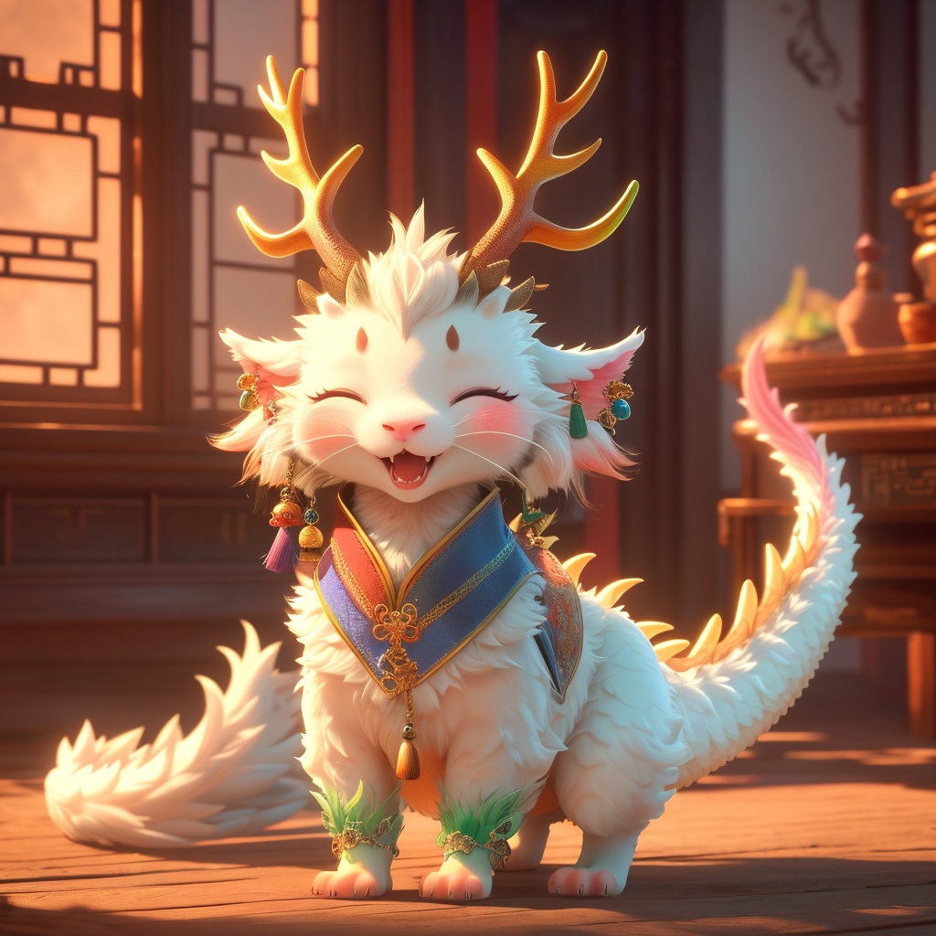 eastern dragon,soft lighting,whimsy and dramatic lighting,warm colors,mf-movie-filter,cc-color-correction,cute,sunset,sunlight,eastern dragon boy,clothed eastern dragon,dragon horns,horns,east asian architecture,no humans,closed eyes,blurry background,solo,fangs,blurry,jewelry,indoors,earrings,tassel,animalization,blush,tail,open mouth,antlers,full body,tassel earrings,whiskers,standing,smile,<lora:dragon_baby_v1:0.7>,
