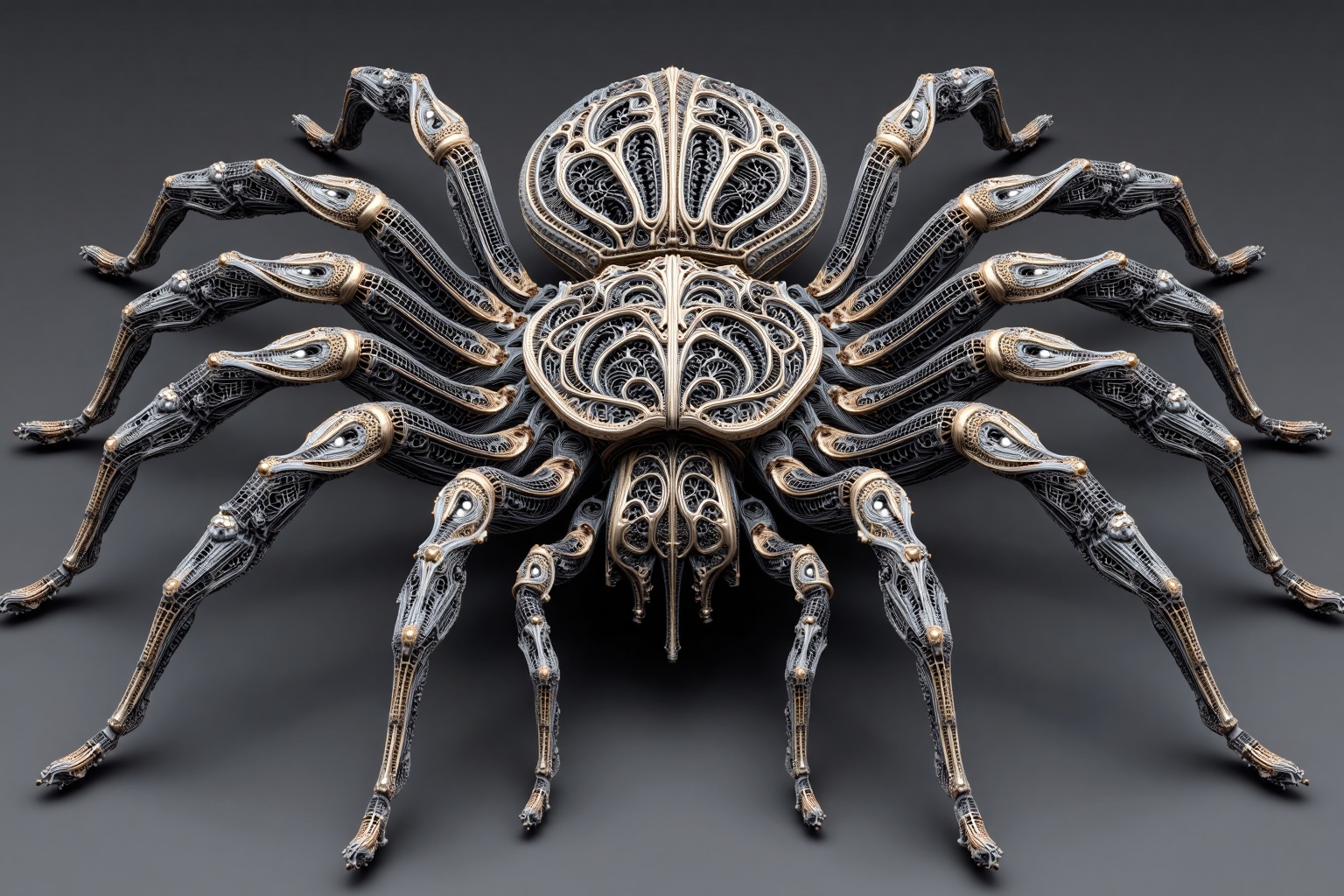 beijihui,A close-up shot of a black and white spider decorated with gold. The spider's body is decorated with complex black,white,and gold patterns,forming a sharp contrast with the original monochromatic composition. The background is pure gray,forming a sharp contrast with the bodies of insects.,