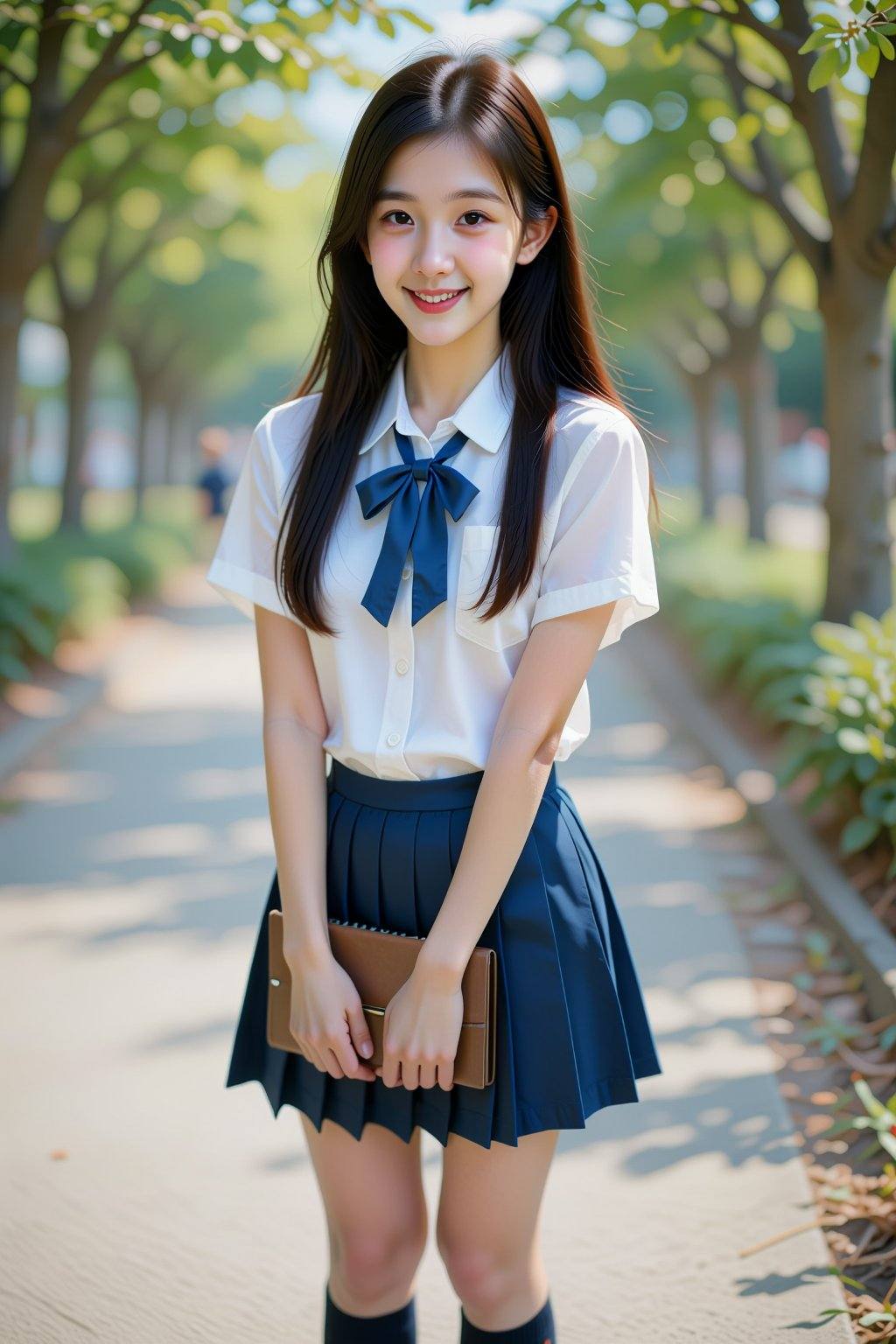 The image depicts a photograph of a young Asian woman standing on a sunlit pathway in a schoolyard. She has long,  straigh...