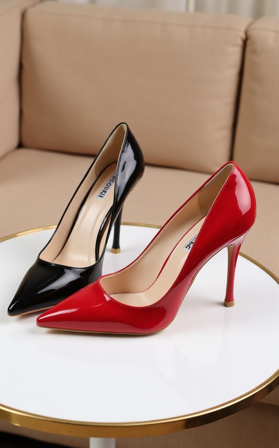 High Heel, Photograph of two high-heeled shoes placed on a round, white table with a gold rim. The left shoe is glossy black with a pointed toe, while the right shoe is glossy red with a pointed toe. Both shoes have a high, stiletto heel. The background features a beige, textured fabric sofa. 