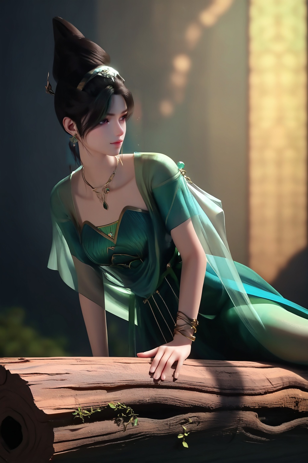 (Balancing on a fallen log over a crystal-clear stream, she exudes a sense of adventure and fearlessness:1.2),(looking at viewer:1.1),<lora:XL16神国之上唐雨:0.95>,miss tangyu,green corset dress,sheer overdress,brown eyes,black hair,green streaked hair,hair updo,necklace,bracelet,jewelry,(large breasts:1.2),, score_9,score_8_up,score_7_up,score_6_up,score_5_up,score_4_up,3d rendering,tag1,tag2, Cinematic Lighting,backlighting,