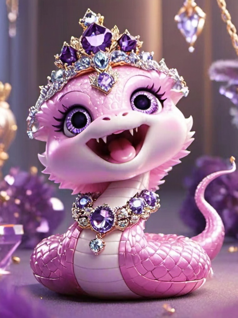 shebb,fangs,no humans,gem,open mouth,jewelry,purple eyes,solo,blush,smile,reflection,crown,<lora:shebb:0.8>,, masterpiece, best quality,