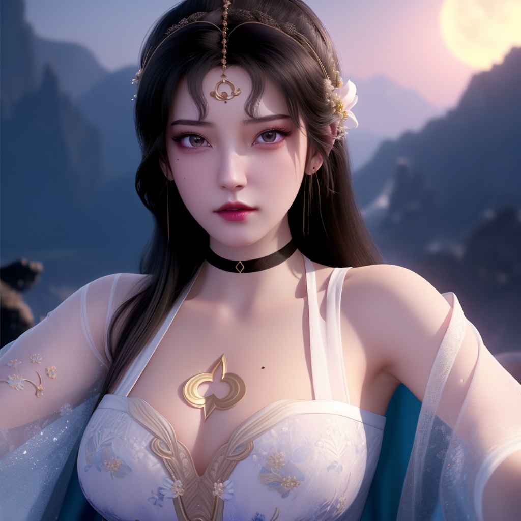 <lora:763-DA-仙逆-墨云:0.8>, (,1girl, ,best quality, ),looking at viewer,  ,,ultra detailed background,ultra detailed background,ultra realistic 8k cg, ,masterpiece, (( , )),, realistic,science fiction,mole, ultra realistic 8k cg, ,     ,crescent moon, jasmine \(flower\),     (cleavage),,  (),