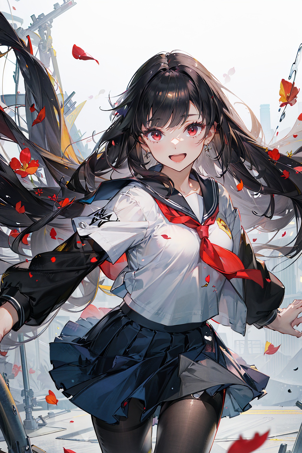 (best quality),((masterpiece)),(highres),illustration,original,extremely detailed,1girl,pantyhose,long hair,solo,school uniform,black hair,serafuku,skirt,black pantyhose,red eyes,petals,hime cut,smile,open mouth,very long hair,<lora:endfield-000004:0.7>,