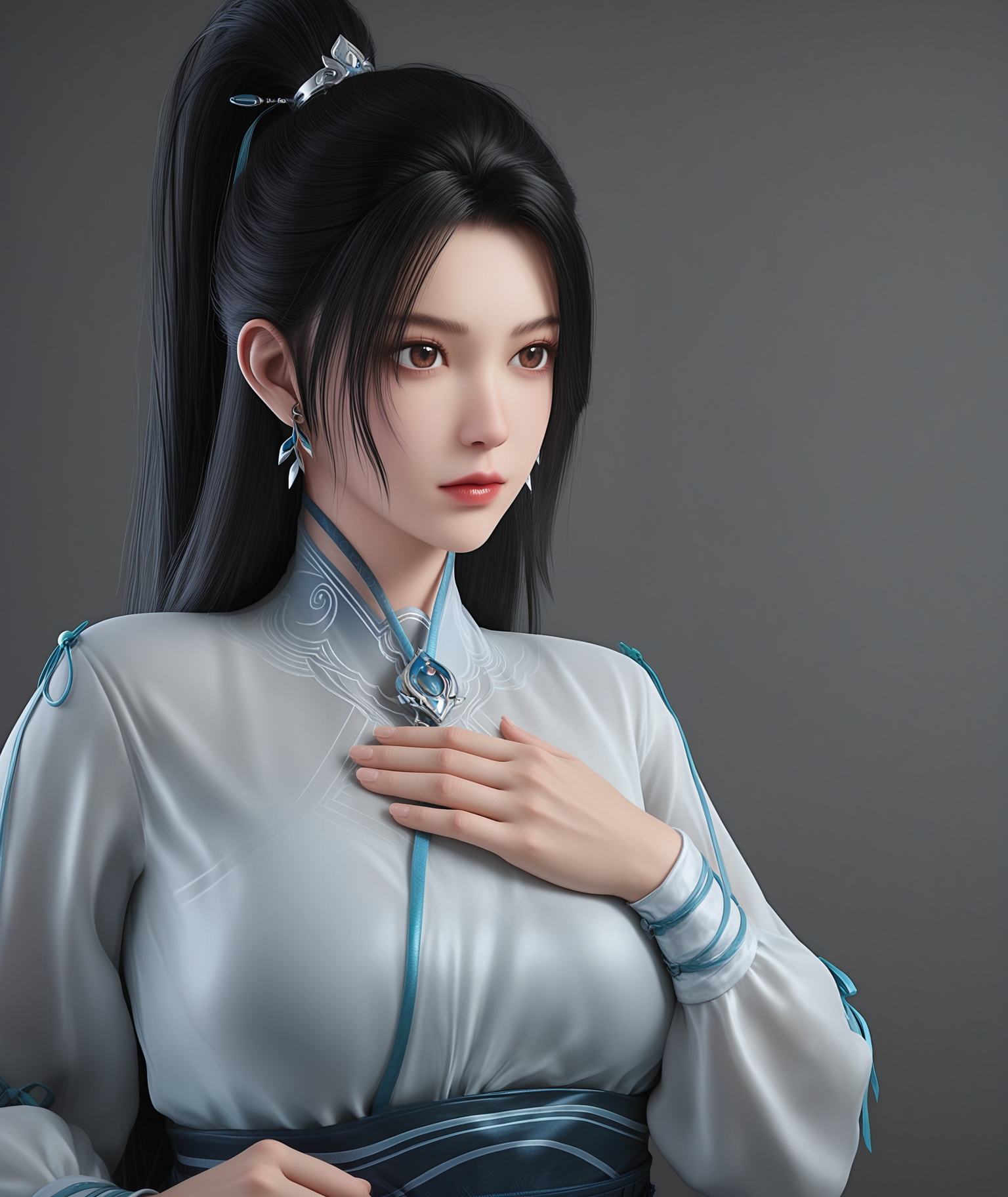 (score_9),masterpiece,best quality,absurdres,highres,BREAKwhite_skin,(fair_skin:1.1),<lora:宁姚-ill-000009:0.86>,ningyao,1girl,solo,long hair,black hair,ponytail,jewelry,earrings,brown eyes,chinese clothes,sash,collarbone,(large breasts),puffy chest,looking at viewer,(covering_chest_by_hand:1.1),upper body, BREAKsimple background,Tyndall effect,Cinematic Lighting,Volumetric Lighting,