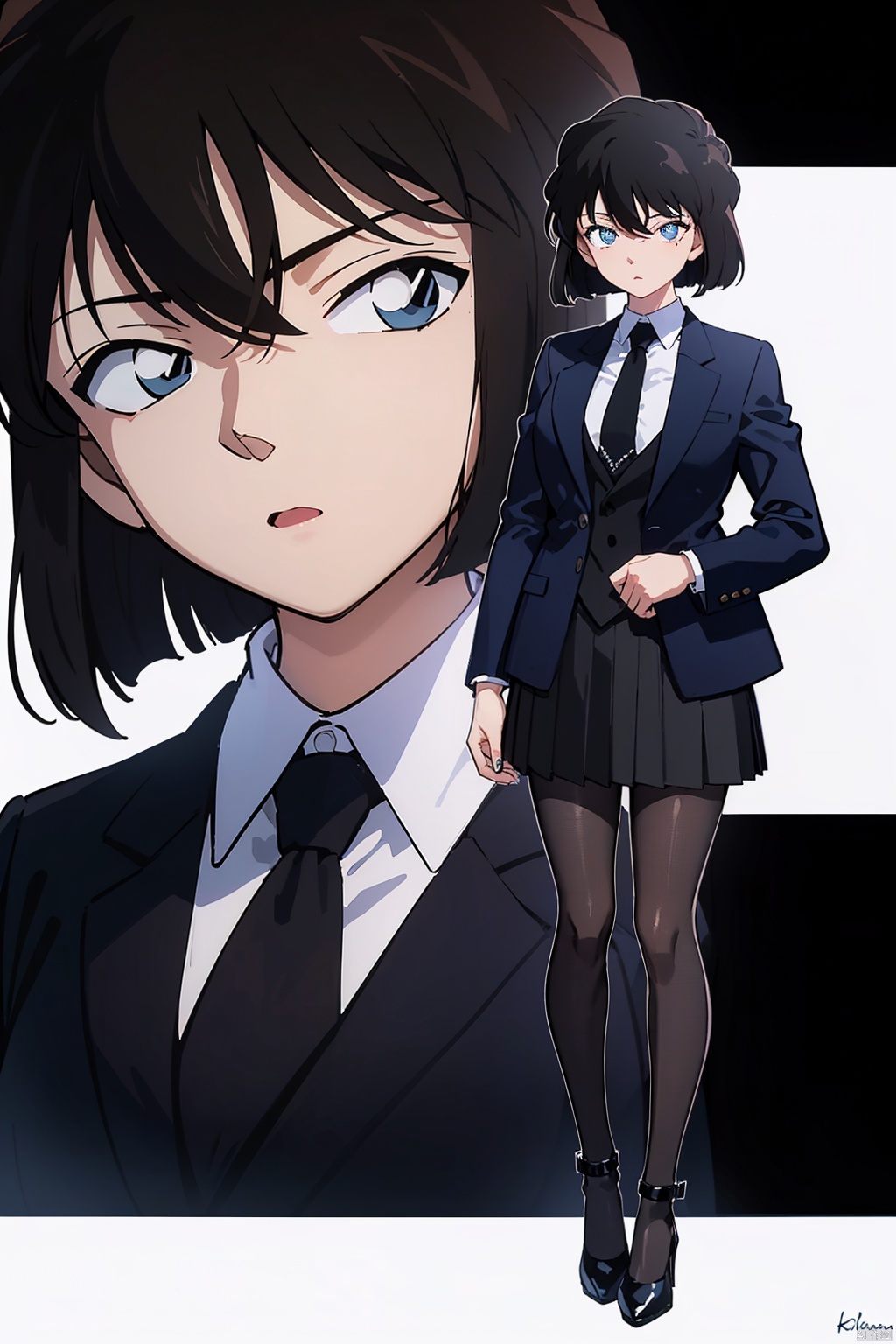 1girl, very thick black pantyhose, black necktie, pleated_skirt, full_body, black high_heels, detailed_background, black suit, detailed face and eyes, black longhair, sky, evening, cloudy_sky, shadow, coast, black background, long legs, detailed hands, 8k,<lora:EMS-546-EMS:-0.400000>,<lora:EMS-18180-EMS:0.800000>