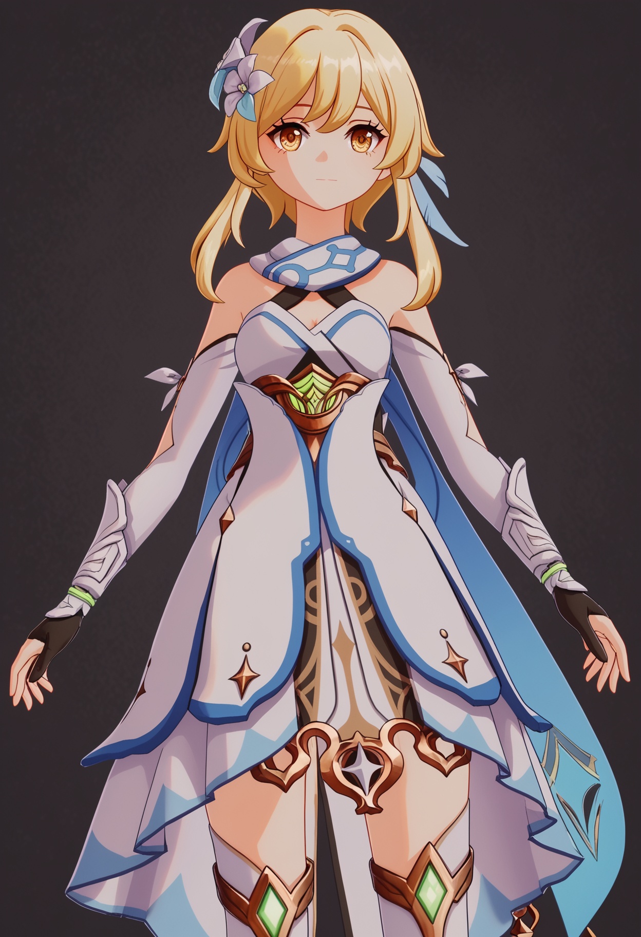 (cowboy shot:1.2),score_9,score_8_up,masterpiece,(best quality),intricate details,facing viewer,(looking at viewer:1.1),<lora:YQ_pony_ying_V4:0.8>,q1528437228,1girl,solo,lumine (genshin impact),blonde hair,hair ornament,dress,hair flower,white dress,short hair with long locks,detached sleeves,yellow eyes,scarf,sidelocks,feather hair ornament,gloves,white thighhighs,boots,BREAKscore_9,score_8_up,masterpiece,(best quality),perfect anatomy,(hourglass),perfect face,(simple background,pure black background,black background:1.1),fair_skin,shiny_skin,Ivory_skin,