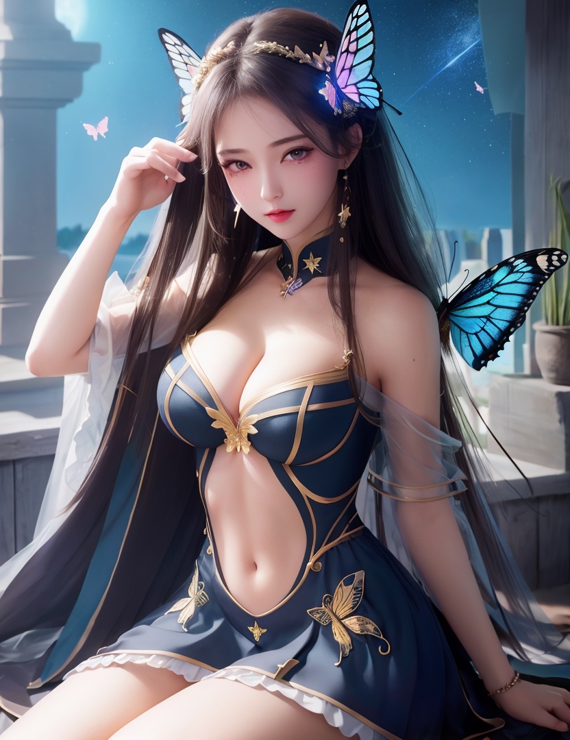<lora:525-DA-斗破苍穹-萧薰儿-V2:0.8>(,1girl, ,best quality, ),looking at viewer,  ,ultra detailed background,ultra detailed background,ultra realistic 8k cg, ,masterpiece, (( , )),,  fiction,mole, , ,      ,, 1girl,butterfly sitting,  night, star_\(sky\)(cleavage), age), (),
